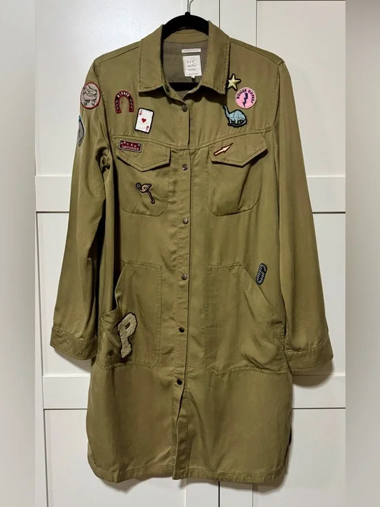 Zara Olive Green Patchwork Long Shirt Jacket - Picture 4 of 5